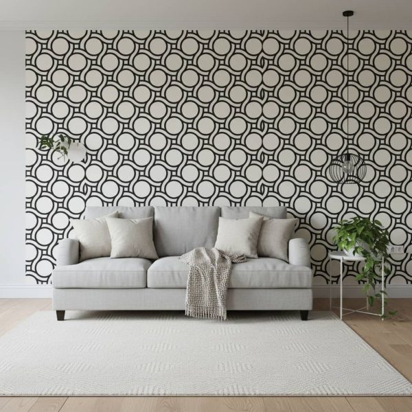 Circular Chain geometric wallpaper with bold black interlocking rings on cream background across a modern study — Wallpaper Online South Africa