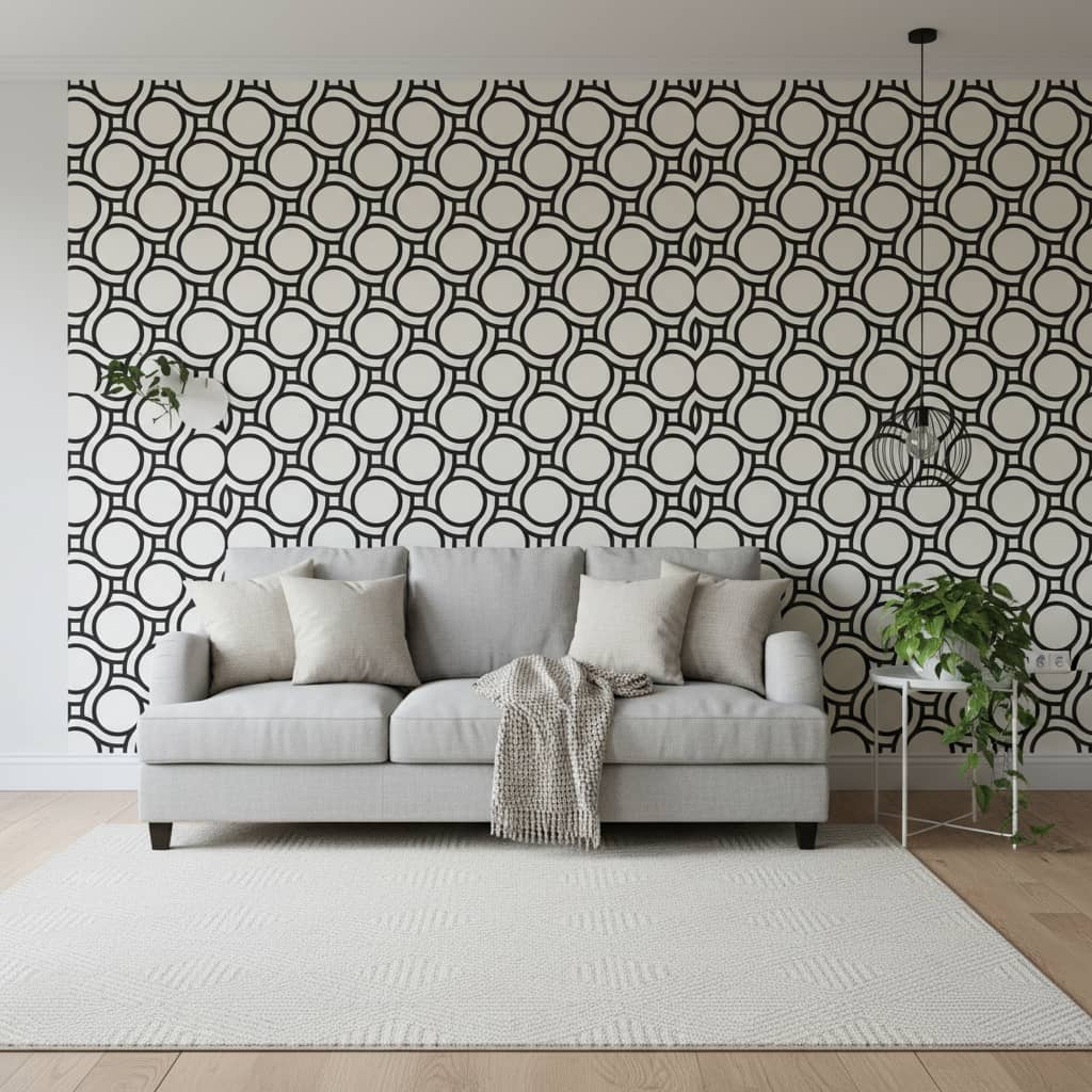 Circular Chain - This striking Circular Chain Wallpaper features bold black geometric rings and flowing chains interlocking