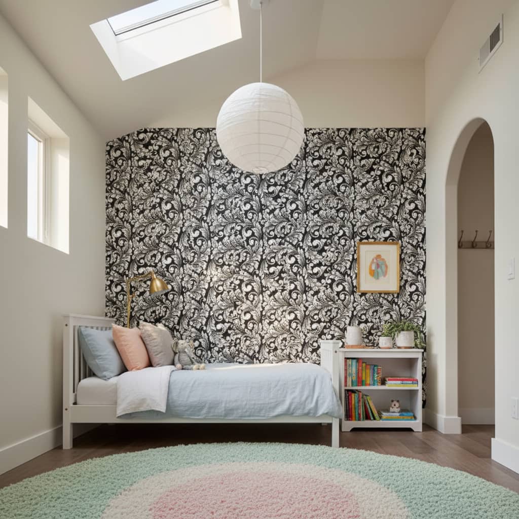 Corsica Inverse damask wallpaper in white scrollwork against black background across a dining room feature wall — Wallpaper Online South Africa