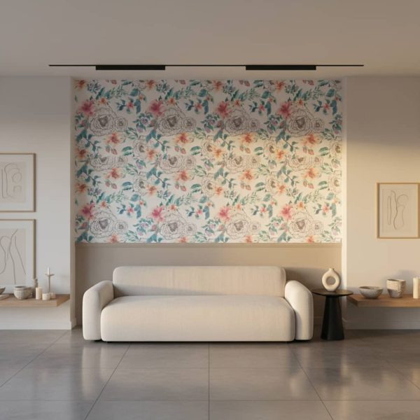Cucuyús Lines floral wallpaper with watercolour blooms in pink and purple and botanical line drawings on cream across a nursery — Wallpaper Online South Africa