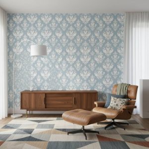 Dainty Damask wallpaper with white medallions on powder blue background across a guest bedroom — Wallpaper Online South Africa