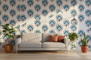 Damask Blooms wallpaper with ornamental navy and blue motifs against cream in a traditional dining room — Wallpaper Online South Africa