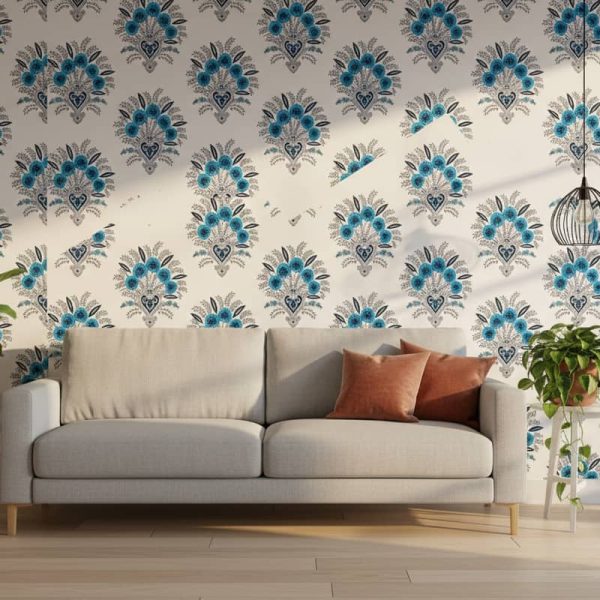 Damask Blooms wallpaper with ornamental navy and blue motifs against cream in a traditional dining room — Wallpaper Online South Africa
