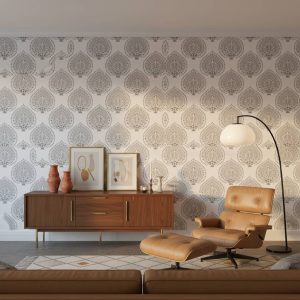 Deep Aces damask wallpaper with peacock-inspired motifs in charcoal grey and black on white across a formal dining room — Wallpaper Online South Africa