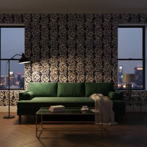 Deep Record floral wallpaper with white botanical scrollwork against navy blue background across a dining room feature wall — Wallpaper Online South Africa