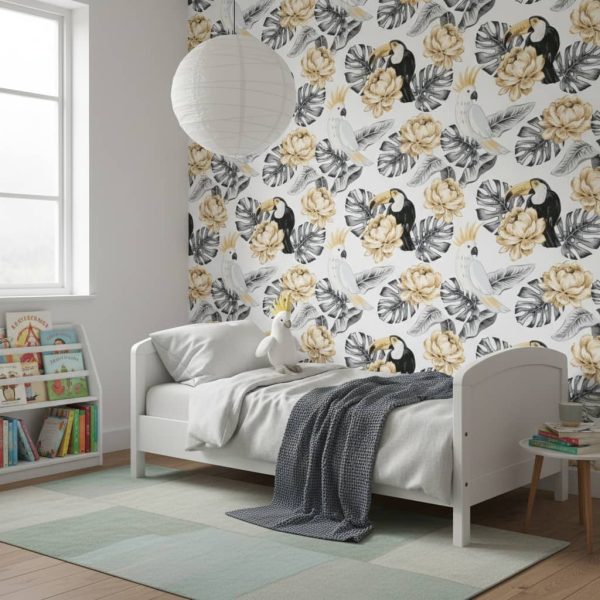 Deliciousa Designer tropical bird wallpaper with toucans and cockatoos in golden yellow and charcoal across a children's bedroom — Wallpaper Online South Africa