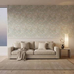 Della Compliments damask wallpaper in cream, sage green and beige florals across a bedroom feature wall — Wallpaper Online South Africa