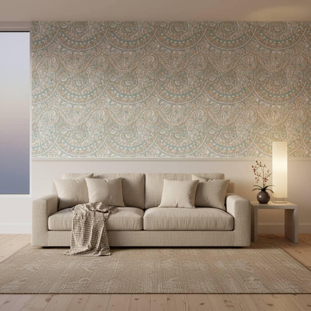 Della Compliments damask wallpaper in cream, sage green and beige florals across a bedroom feature wall — Wallpaper Online South Africa