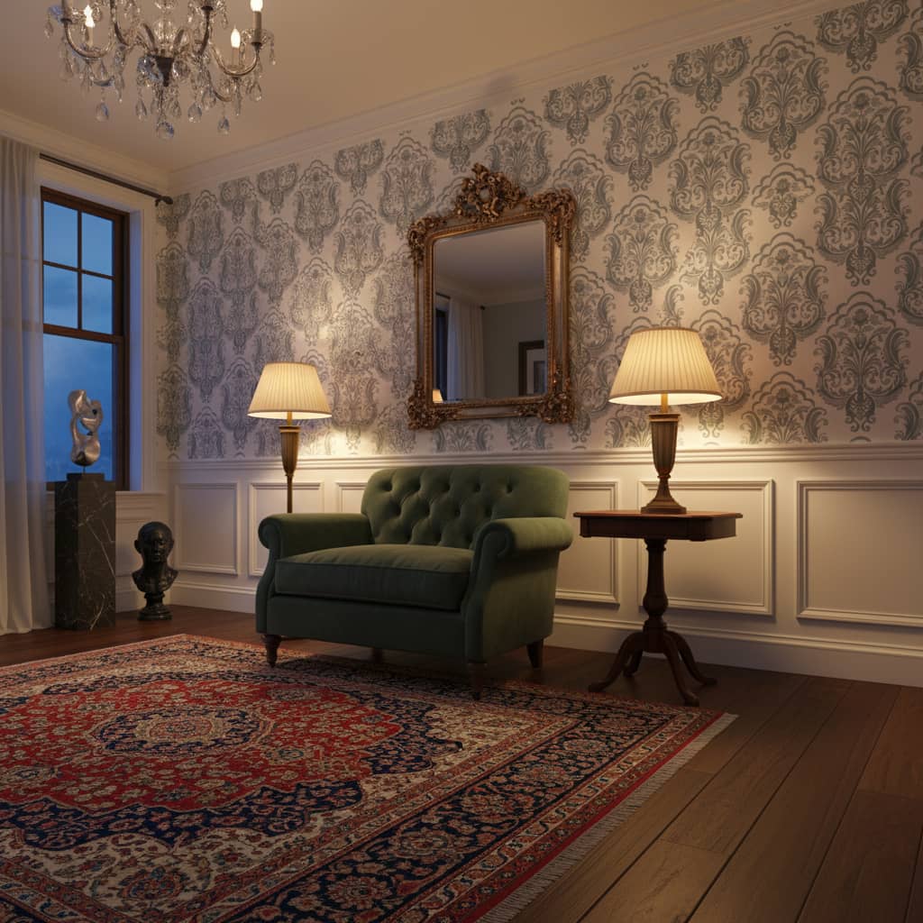 Demask Papal Wallpaper 3 Wallpaper and Wall Murals South Africa Close-up of Demask Papal, a traditional damask design printed in South Africa