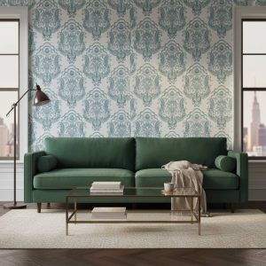 Demask Papal damask wallpaper with light blue and grey scrollwork on white background across a dining room feature wall — Wallpaper Online South Africa