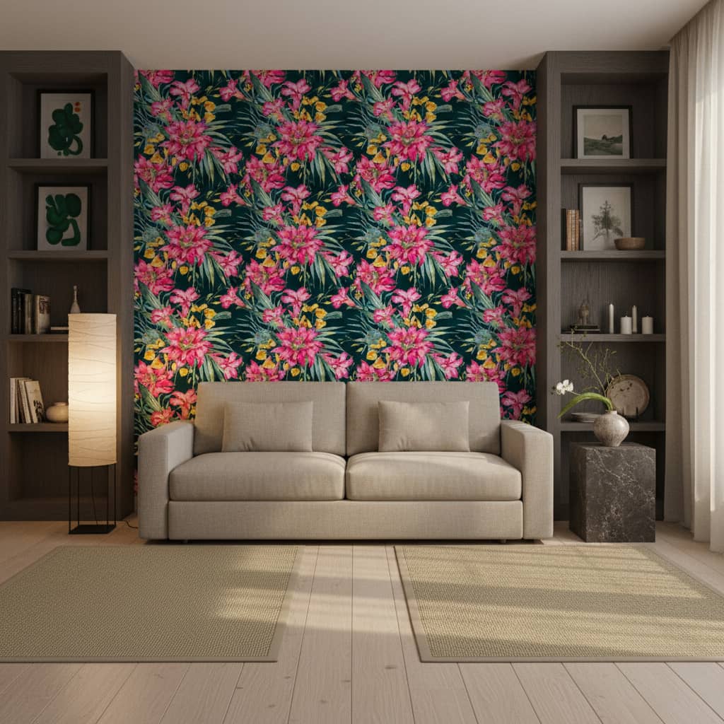 Digbyana Tropics Wallpaper 1 Wallpaper and Wall Murals South Africa Digbyana Tropics - Vibrant tropical blooms burst across a dark navy canvas, featuring stunning hot pink flowers and cheerful