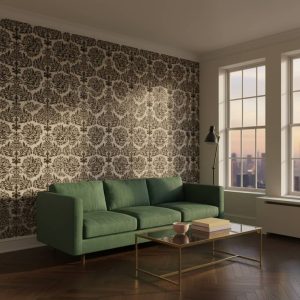 Drop in Doe damask wallpaper with black ornamental scrolls on warm beige across a formal dining room — Wallpaper Online South Africa