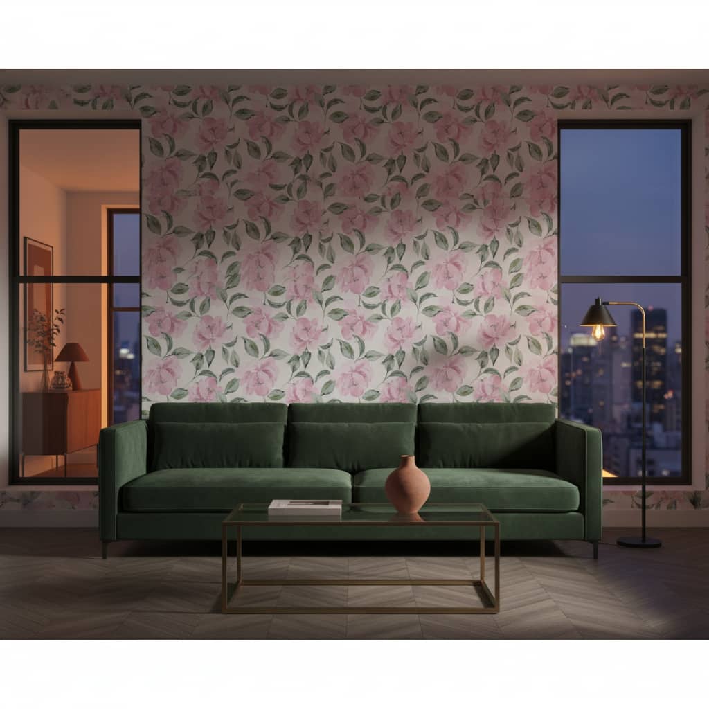 El Patujรบ White Wallpaper 1 Wallpaper and Wall Murals South Africa El Patujรบ White - Delicate pink blossoms dance across a pristine white canvas, complemented by soft grey-green foliage in