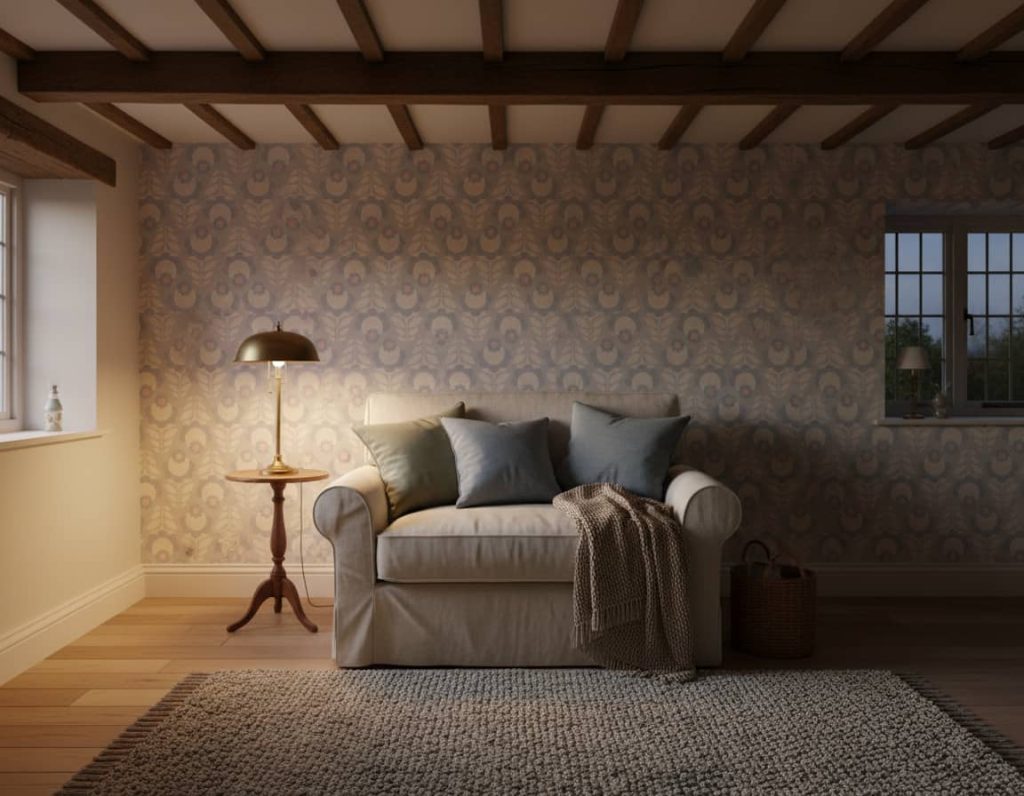 Emily Blue floral wallpaper with dusty blue and pink blooms on pale grey across a children's bedroom — Wallpaper Online South Africa