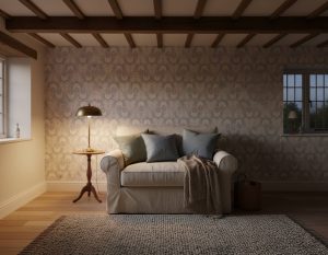 Emily Blue floral wallpaper with dusty blue and pink blooms on pale grey across a children's bedroom — Wallpaper Online South Africa