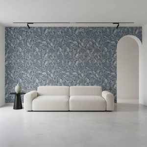 Emperor Azure damask wallpaper in slate blue with cream and grey paisley motifs across a formal dining room — Wallpaper Online South Africa