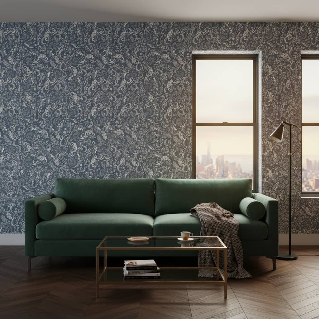Emperor Azure Wallpaper 4 Wallpaper and Wall Murals South Africa Emperor Azure installed - a sophisticated Damask & Paisley Wallpapers wallpaper made in South Africa