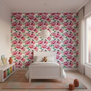 Faded Belice floral wallpaper with watercolour roses and peonies in pink, lavender and coral across a children's bedroom — Wallpaper Online South Africa