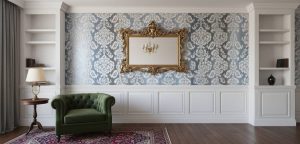 Faded Billow damask wallpaper with white scrolls on blue-grey stripes across a primary bedroom feature wall — Wallpaper Online South Africa