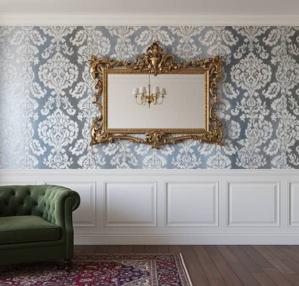 Faded Billow damask wallpaper with white scrolls on blue-grey stripes across a primary bedroom feature wall — Wallpaper Online South Africa
