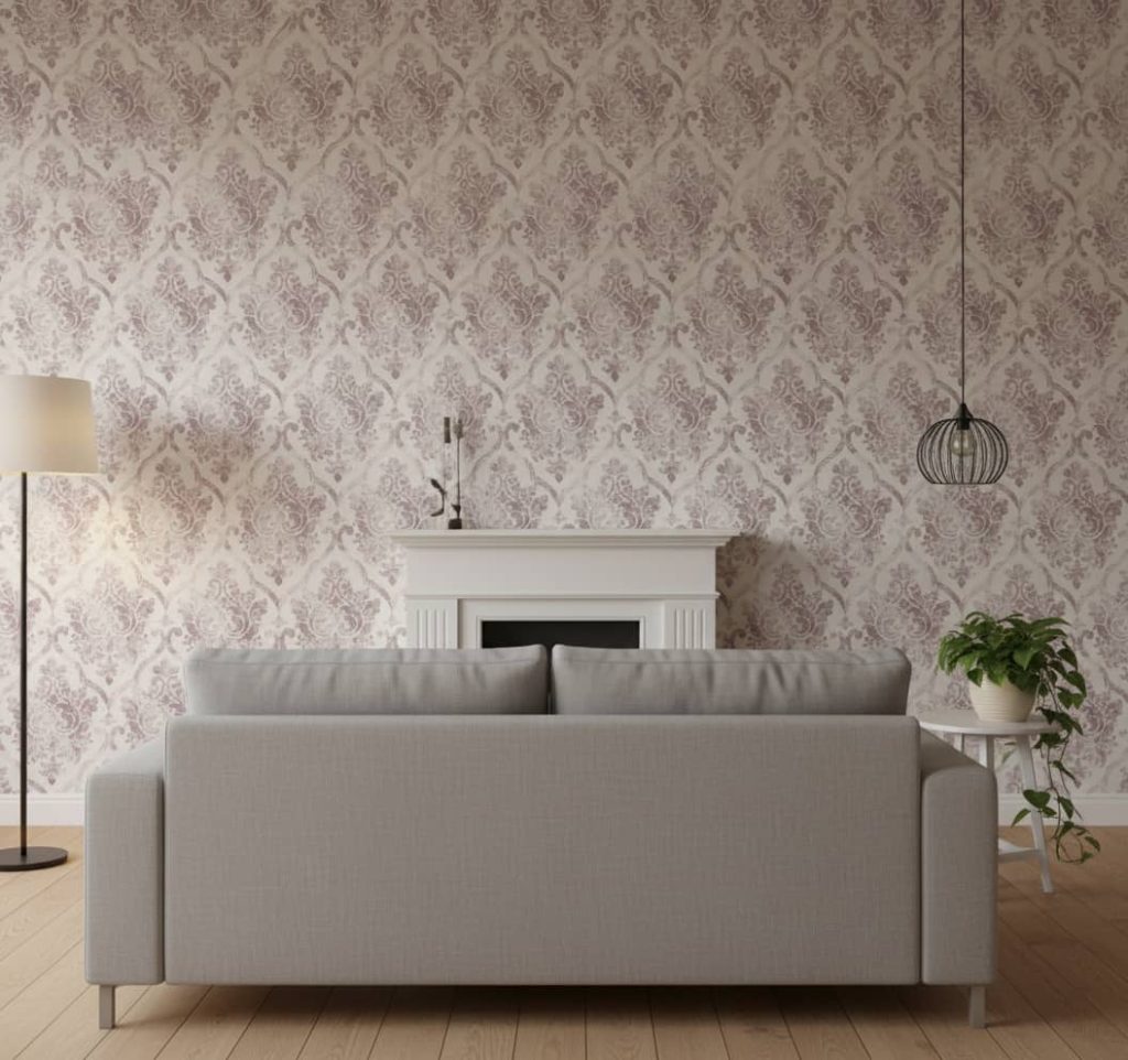 Faded Bramante damask wallpaper in soft mauve, dusty lavender and cream with weathered classical motifs across a heritage bedroom — Wallpaper Online South Africa