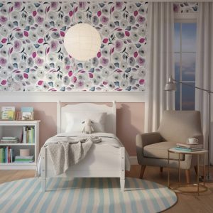 Flor de Izote floral wallpaper with watercolour pink and grey blooms on white background across a children's room — Wallpaper Online South Africa