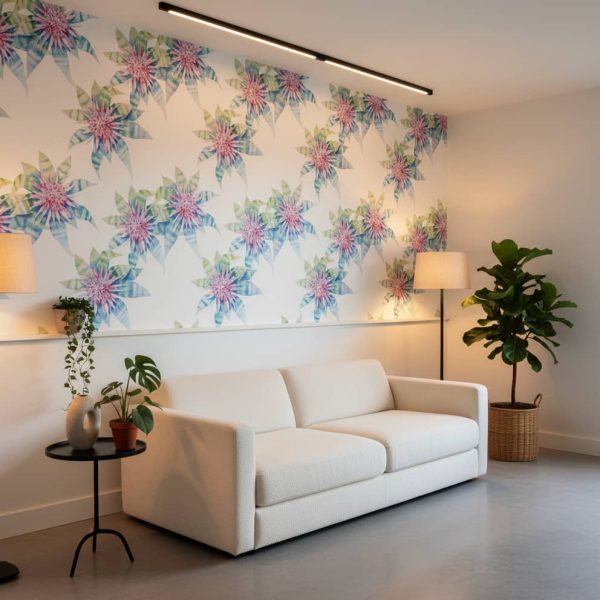 Flor de Jobo floral wallpaper with pink-centred blooms and watercolour petals in blue and green across a contemporary bedroom — Wallpaper Online South Africa