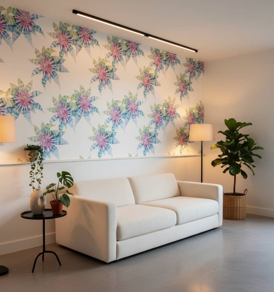 Flor de Jobo floral wallpaper with pink-centred blooms and watercolour petals in blue and green across a contemporary bedroom — Wallpaper Online South Africa
