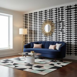 Gota de Lágrima teardrop geometric wallpaper in black and white across a modern study feature wall — Wallpaper Online South Africa
