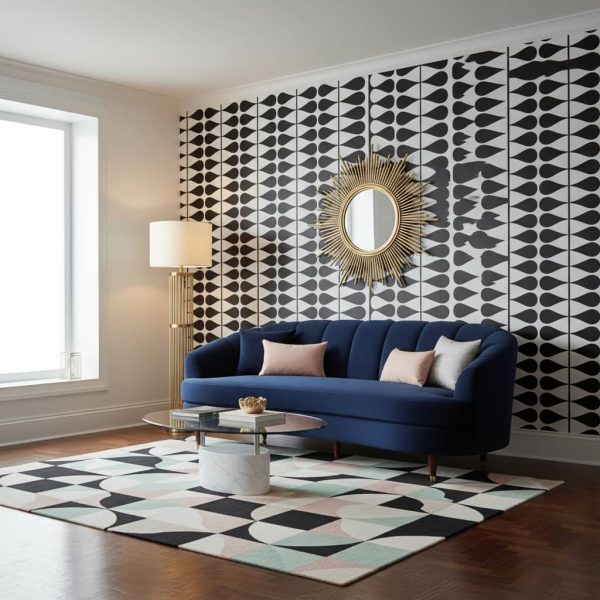 Gota de Lágrima teardrop geometric wallpaper in black and white across a modern study feature wall — Wallpaper Online South Africa