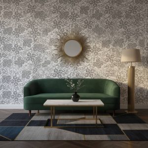 Hola Mana damask wallpaper with grey ornamental motifs on white background across a dining room feature wall — Wallpaper Online South Africa