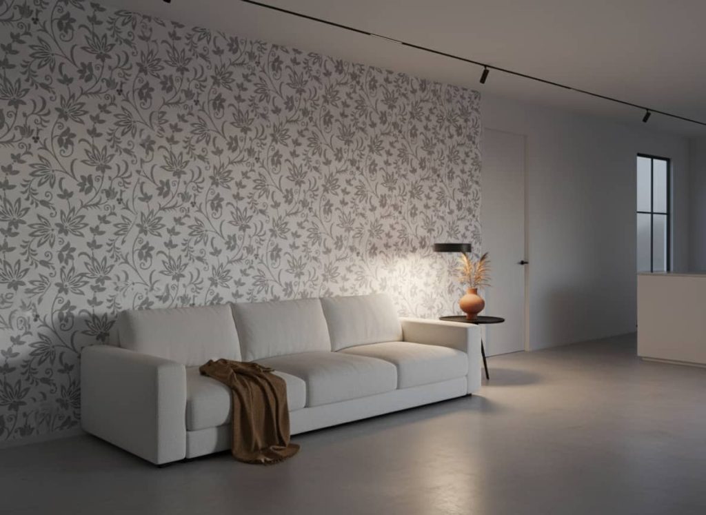 Lost In Time floral wallpaper with delicate grey botanical scrollwork on white background across a modern bedroom — Wallpaper Online South Africa