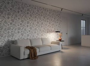 Lost In Time floral wallpaper with delicate grey botanical scrollwork on white background across a modern bedroom — Wallpaper Online South Africa