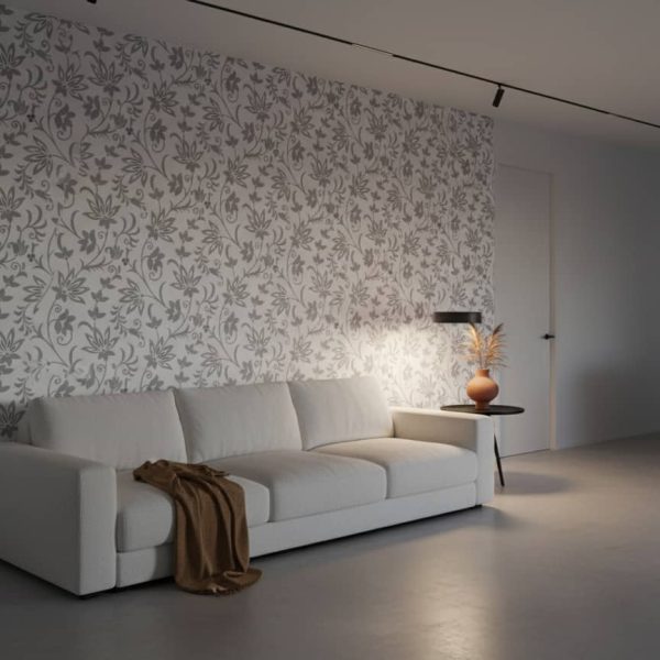 Lost In Time floral wallpaper with delicate grey botanical scrollwork on white background across a modern bedroom — Wallpaper Online South Africa