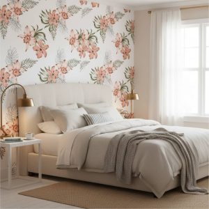 Mático Salmon floral wallpaper in salmon pink and olive green against white across a coastal bedroom — Wallpaper Online South Africa