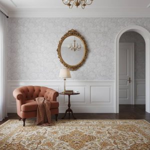 Maley Paisley damask wallpaper with white paisley scrolls on soft grey background across a contemporary bedroom — Wallpaper Online South Africa