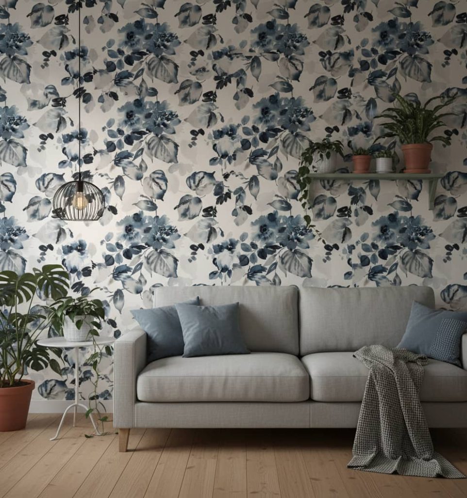 Mapurite floral wallpaper with watercolour blooms in navy and charcoal against white across a bedroom — Wallpaper Online South Africa