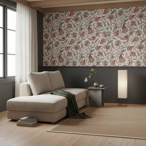 Marry Poppins damask wallpaper in coral red, sage green and cream across a formal dining room feature wall — Wallpaper Online South Africa