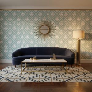 Military Sow damask wallpaper with white ornate scrollwork on sage green background across a dining room feature wall — Wallpaper Online South Africa