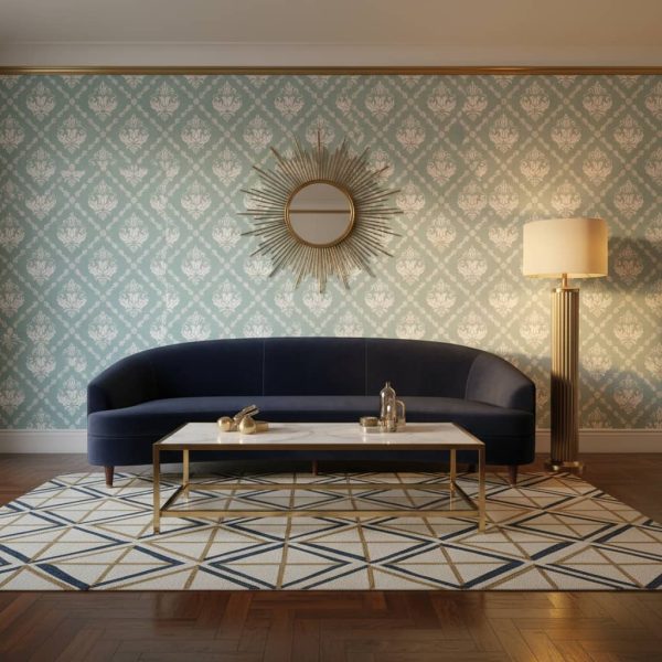 Military Sow damask wallpaper with white ornate scrollwork on sage green background across a dining room feature wall — Wallpaper Online South Africa