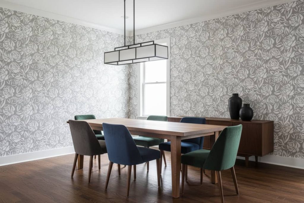 Mistry Rose floral wallpaper with white roses and grey foliage on pale grey background across a dining room — Wallpaper Online South Africa