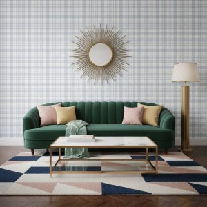Montgomery Patch plaid wallpaper in pale grey, powder blue and white geometric pattern across a contemporary study — Wallpaper Online