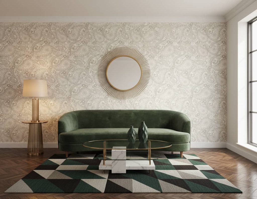 Muted Micros damask wallpaper with paisley teardrops in cream and beige across a heritage dining room — Wallpaper Online South Africa