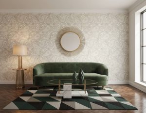 Muted Micros damask wallpaper with paisley teardrops in cream and beige across a heritage dining room — Wallpaper Online South Africa