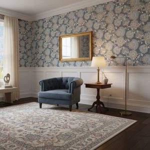 Navona Chain damask wallpaper in slate blue, gold and cream across a formal dining room — Wallpaper Online South Africa