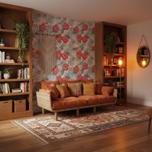 Nicaragua tropical floral wallpaper with coral hibiscus blooms and sage palm fronds on cream background across a bedroom — Wallpaper Online South Africa