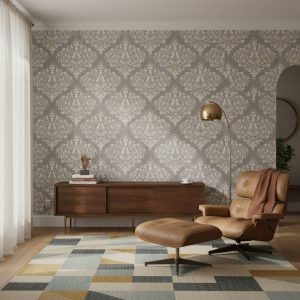 Nouvelle damask wallpaper in warm beige and dove grey scrollwork pattern across a dining room feature wall — Wallpaper Online South Africa