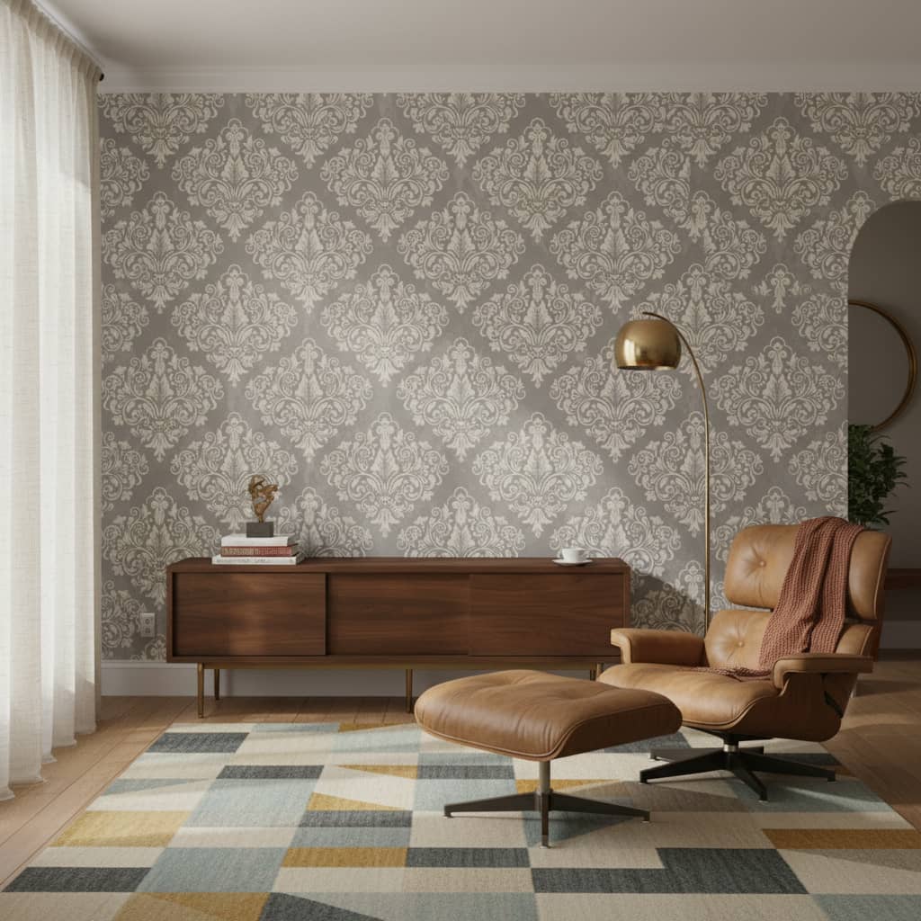 Nouvelle damask wallpaper in warm beige and dove grey scrollwork pattern across a dining room feature wall — Wallpaper Online South Africa