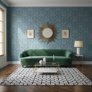 Occitan Arts damask wallpaper in dark teal and slate blue across a formal dining room feature wall — Wallpaper Online South Africa