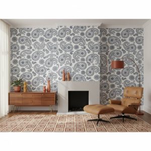 Organic Trail damask wallpaper with black paisley motifs against white background across a dining room feature wall — Wallpaper Online South Africa